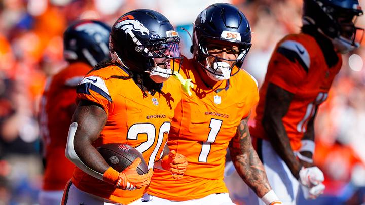 Sep 20, 2026; Denver, Colorado, USA; Denver Broncos running back Jonah Coleman (20) celebrates with tight end Evan Engram (1) after scoring a touchdown during the fourth quarter against the Jacksonville Jaguars at Empower Field at Mile High. Sep 20, 2026; Denver, Colorado, USA; Denver Broncos running back Jonah Coleman (20) celebrates with tight end Evan Engram (1) after scoring a touchdown during the fourth quarter against the Jacksonville Jaguars at Empower Field at Mile High.