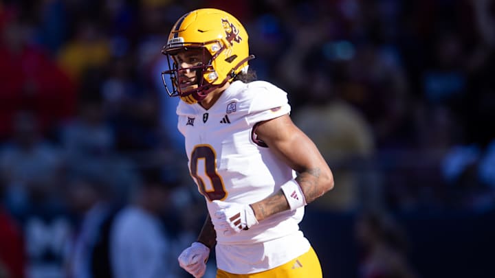 Nov 30, 2024; Tucson, Arizona, USA; Arizona State Sun Devils wide receiver Jordyn Tyson (0) against the Arizona Wildcats during the Territorial Cup at Arizona Stadium. Mandatory Credit: Mark J. Rebilas-Imagn Images