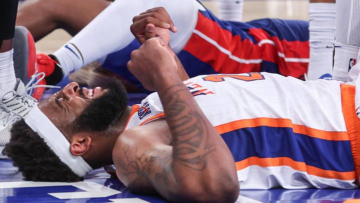 Apr 29, 2025; New York, New York, USA; New York Knicks center Mitchell Robinson (23) reacts after a collision in the fourth quarter against the Detroit Pistons during game five of first round for the 2025 NBA Playoffs at Madison Square Garden. Mandatory Credit: Wendell Cruz-Imagn Images