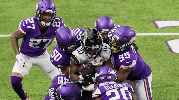 Dec 6, 2020; Minneapolis, Minnesota, USA; Jacksonville Jaguars wide receiver Laviska Shenault Jr. (10) is tackled in the second quarter against the Minnesota Vikings at U.S. Bank Stadium. Mandatory Credit: Brad Rempel-Imagn Images Dec 6, 2020; Minneapolis, Minnesota, USA; Jacksonville Jaguars wide receiver Laviska Shenault Jr. (10) is tackled in the second quarter against the Minnesota Vikings at U.S. Bank Stadium. Mandatory Credit: Brad Rempel-Imagn Images