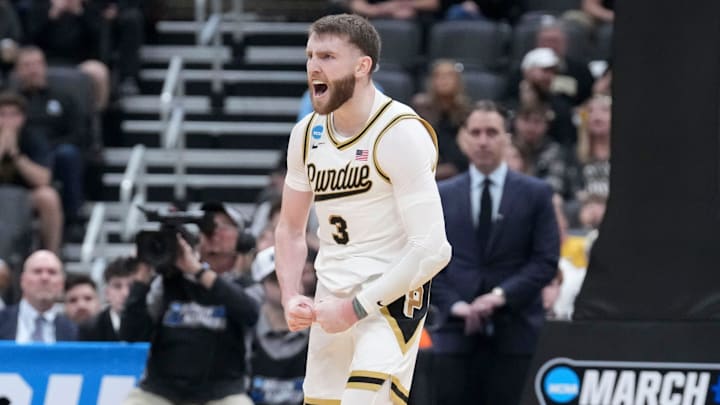 Purdue Boilermakers guard Braden Smith (3) celebrates during the NCAA Tournament. Purdue Boilermakers guard Braden Smith (3) celebrates during the NCAA Tournament.