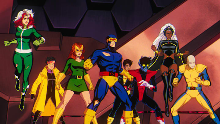(L-R): Rogue (voiced by Lenore Zann), Jubilee (voiced by Holly Chou), Jean Grey (voiced by Jennifer Hale), Cyclops (voiced by Ray Chase), Roberto Da Costa (voiced by Gui Agustini), Nightcrawler (voiced by Adrian Hough), Storm (voiced by Alison Sealy-Smith), and Morph (voiced by JP Karliak) in Marvel Animation's X-MEN '97. Photo courtesy of Marvel Animation. © 2024 MARVEL.