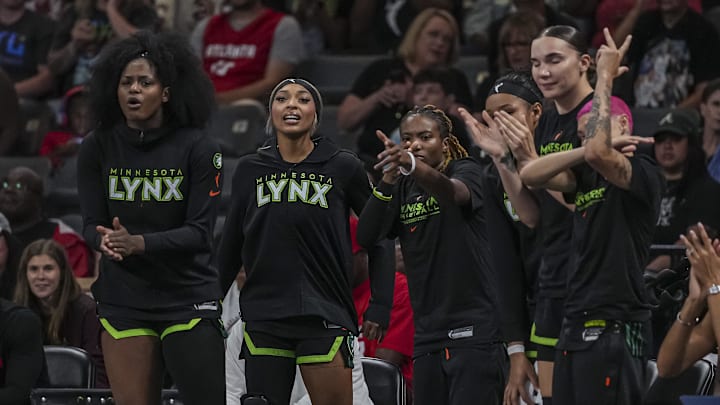 Aug 21, 2025; College Park, Georgia, USA; Minnesota Lynx players react on the bench against the Atlanta Dream during the first half at Gateway Center Arena at College Park. Mandatory Credit: Dale Zanine-Imagn Images