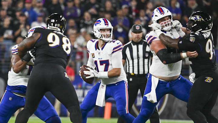 Buffalo Bills quarterback Josh Allen looks to throw a pass vs. the Baltimore Ravens.