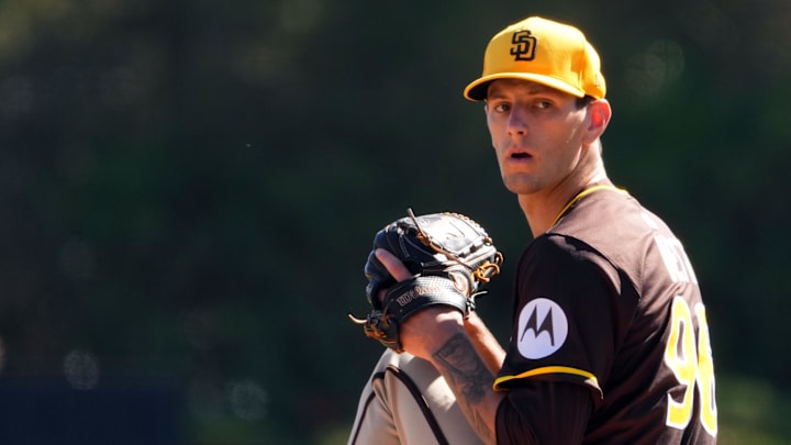 San Diego Padres pitcher Braden Nett (96) pitches against the Los Angeles Dodgers during the first inning at Camelback Ranch-Glendale on Feb. 23. San Diego Padres pitcher Braden Nett (96) pitches against the Los Angeles Dodgers during the first inning at Camelback Ranch-Glendale on Feb. 23.