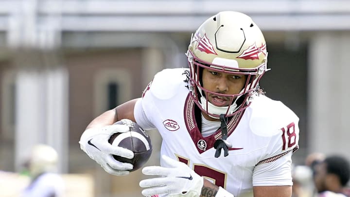 Apr 20, 2024; Tallahassee, Florida, USA; Florida State Seminoles tight end Landen Thomas (17) runs with the ball during the Spring Showcase at Doak S. Campbell Stadium. Mandatory Credit: Melina Myers-Imagn Images