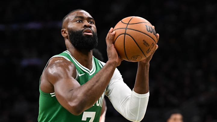 Apr 21, 2026; Boston, Massachusetts, USA; Boston Celtics guard Jaylen Brown (7) attempts a free throw against the Philadelphia 76ers in the second half of a game two of the first round of the 2026 NBA Playoffs at TD Garden. Mandatory Credit: Brian Fluharty-Imagn Images