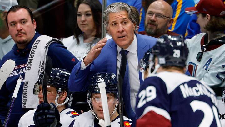 Apr 5, 2026; Denver, Colorado, USA; Colorado Avalanche head coach Jared Bednar on the bench in the first period against the St. Louis Blues at Ball Arena. Mandatory Credit: Isaiah J. Downing-Imagn Images