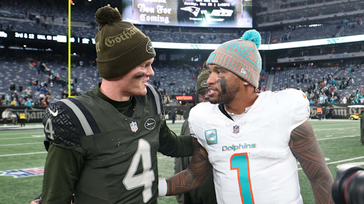 New York Jets quarterback Brady Cook and Miami Dolphins quarterback Tua Tagovailoa