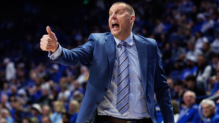Dec 9, 2025; Lexington, Kentucky, USA; Kentucky Wildcats head coach Mark Pope reacts to the action during the first half against the North Carolina Central Eagles at Rupp Arena at Central Bank Center. Mandatory Credit: Jordan Prather-Imagn Images