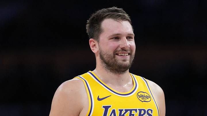Mar 6, 2026; Los Angeles, California, USA; Los Angeles Lakers guard Luka Doncic (77) reacts against the Indiana Pacers in the first half at Crypto.com Arena. Mandatory Credit: Kirby Lee-Imagn Images