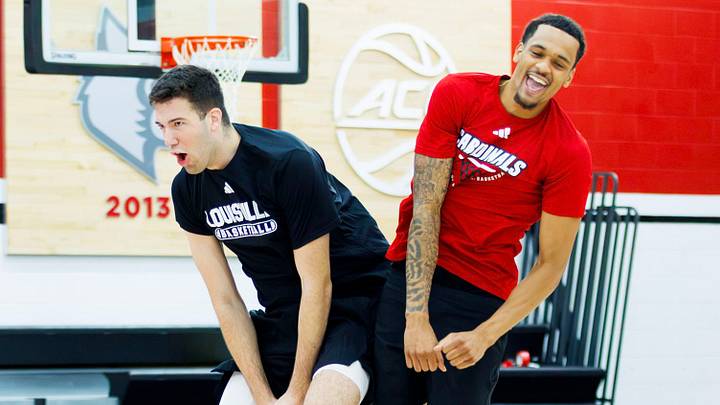 Louisville forward Alvaro Folgueiras (left) and guard De'Shayne Montgomery (right) during practice Louisville forward Alvaro Folgueiras (left) and guard De'Shayne Montgomery (right) during practice