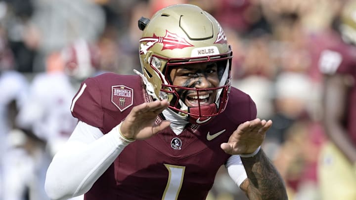 Aug 30, 2025; Tallahassee, Florida, USA; Florida State Seminoles quarterback Tommy Castellanos (1) celebrates after a touchdown against the Alabama Crimson Tide during the second half at Doak S. Campbell Stadium. Mandatory Credit: Melina Myers-Imagn Images Aug 30, 2025; Tallahassee, Florida, USA; Florida State Seminoles quarterback Tommy Castellanos (1) celebrates after a touchdown against the Alabama Crimson Tide during the second half at Doak S. Campbell Stadium. Mandatory Credit: Melina Myers-Imagn Images