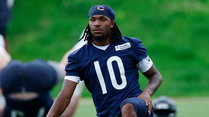 Jun 11, 2026; Lake Forest, IL, USA; Chicago Bears wide receiver Luther Burden III (10) stretches during Minicamp at Halas Hall. Mandatory Credit: Kamil Krzaczynski-Imagn Images