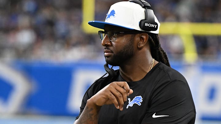 Aug 16, 2025; Detroit, Michigan, USA; Detroit Lions defensive coordinator Kelvin Sheppard on the sidelines during their preseason game against the Miami Dolphins at Ford Field. Mandatory Credit: Lon Horwedel-Imagn Images