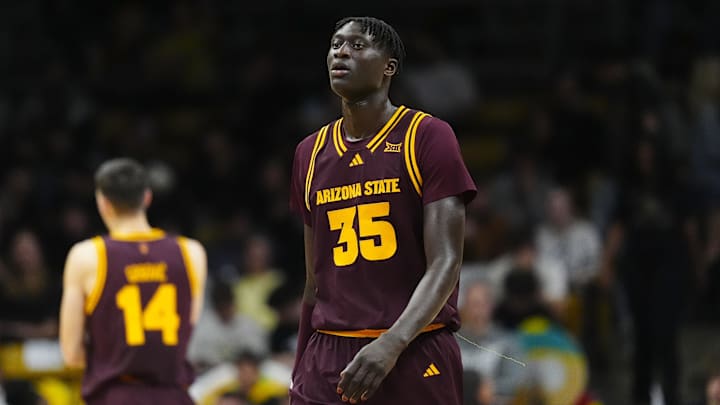 Feb 7, 2026; Boulder, Colorado, USA; Arizona State Sun Devils center Massamba Diop (35) during the first half against the Colorado Buffaloes at the CU Events Center. Mandatory Credit: Ron Chenoy-Imagn Images