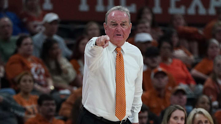 Feb 26, 2026; Austin, Texas, USA; Texas Longhorns head coach Vic Schaefer sets the play during the second half against the Georgia Bulldogs at Moody Center. Mandatory Credit: Dustin Safranek-Imagn Images