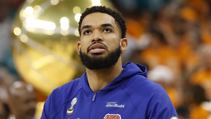 Jun 3, 2026; San Antonio, Texas, USA; New York Knicks center Karl-Anthony Towns (32) practices before game one of the 2026 NBA Finals at Frost Bank Center. Mandatory Credit: Geoff Burke-Imagn Images