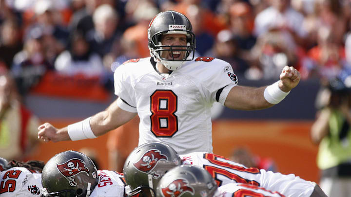 Oct 5, 2008; Denver, CO, USA;  Tampa Bay Buccaneers quarterback Brian Griese calls out signals in the second quarter against the Denver Broncos at Invesco Field at Mile High.  Mandatory Credit: Byron Hetzler-Imagn Images