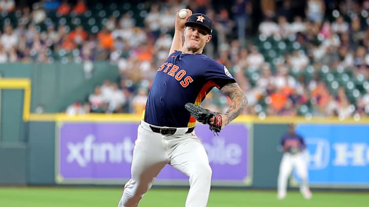 Aug 31, 2025; Houston, Texas, USA; Houston Astros starting pitcher Hunter Brown (58) delivers a pitch against the Los Angeles Angels during the first inning at Daikin Park. 