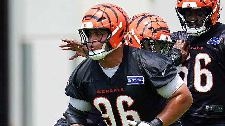 Cincinnati Bengals defensive tackle Landon Robinson (96) runs drills during practice on Tuesday, June 9, 2026, at Kettering Health Practice Fields in downtown Cincinnati.