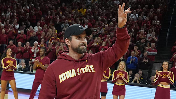 Iowa State football coach Jimmy Rogers speaks during a timeout in the first half in the Iowa State and Iowa men’s basketball Cy-Hawk series at Hilton coliseum on Dec. 11, 2025, in Ames, Iowa.