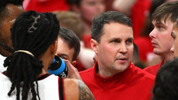 Feb 17, 2026; Raleigh, North Carolina, USA; NC State Wolfpack head coach Will Wade coaches the Wolfpack during the first half against the North Carolina Tar Heels at Lenovo Center. Mandatory Credit: Zachary Taft-Imagn Images