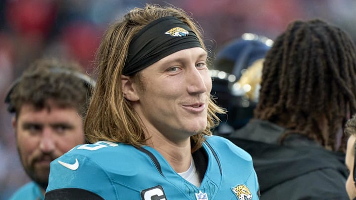 Oct 20, 2024; London, United Kingdom; Jacksonville Jaguars quarterback Trevor Lawrence (16) smiles in the second half during an NFL International Series game at Wembley Stadium. Mandatory Credit: Peter van den Berg-Imagn Images