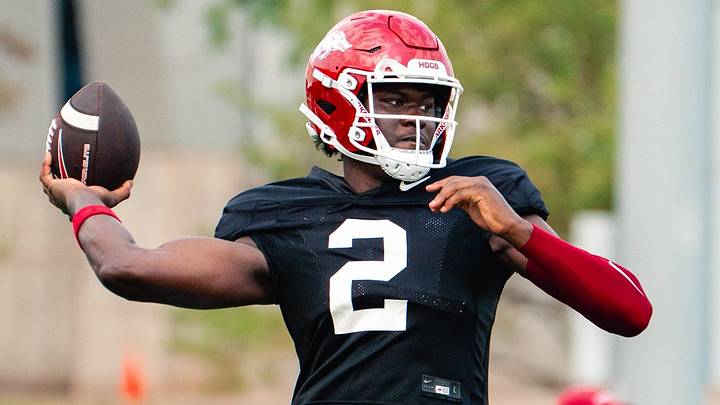 Arkansas redshirt freshman quarterback AJ Hill attempts pass during Monday's fall practice on Aug. 11, 2026. Arkansas redshirt freshman quarterback AJ Hill attempts pass during Monday's fall practice on Aug. 11, 2026.