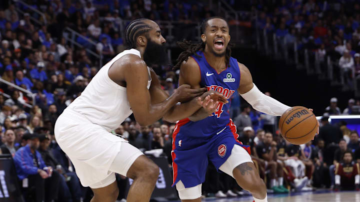 May 13, 2026; Detroit, Michigan, USA; Detroit Pistons guard Daniss Jenkins (24) dribbles defended by Cleveland Cavaliers guard James Harden (1) in the second half during game five of the second round of the 2026 NBA Playoffs at Little Caesars Arena. Mandatory Credit: Rick Osentoski-Imagn Images