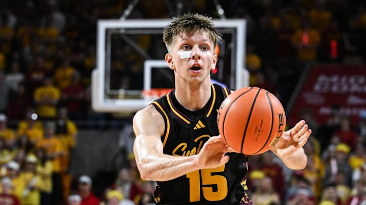 Mar 7, 2026; Ames, Iowa, USA; Arizona State Sun Devils guard Noah Meeusen (15) controls the ball against the Iowa State Cyclones during the second half at James H. Hilton Coliseum. Mandatory Credit: Jeffrey Becker-Imagn Images