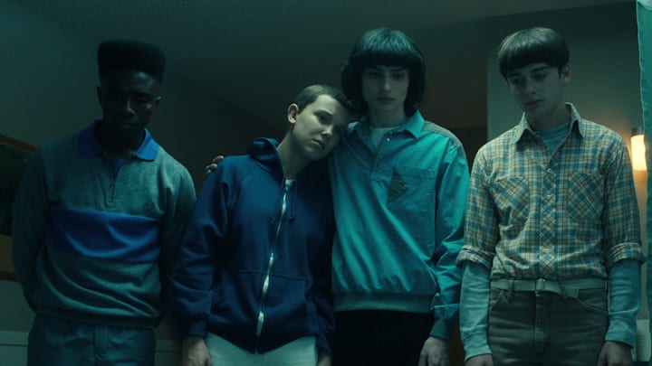 STRANGER THINGS. (L to R) Caleb McLaughlin as Lucas Sinclair, Millie Bobby Brown as Eleven, Finn Wolfhard as Mike Wheeler, Noah Schnapp as Will Byers, and Sadie Sink as Max Mayfield in STRANGER THINGS