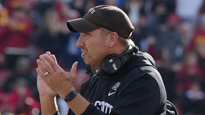 Iowa State head coach Matt Campbell celebrates after an interception by defenders against Kansas during the fourth quarter in the senior day on Nov. 22, 2025, at Jack Trice Stadium in Ames, Iowa