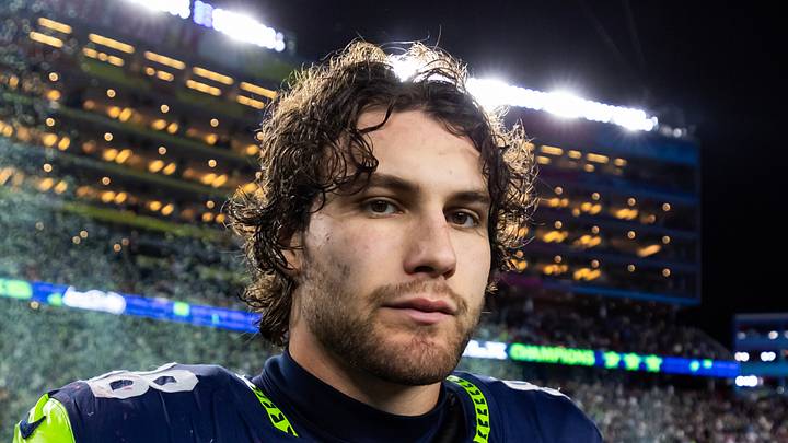 Seattle Seahawks' AJ Barner after defeating the New England Patriots in Super Bowl LX