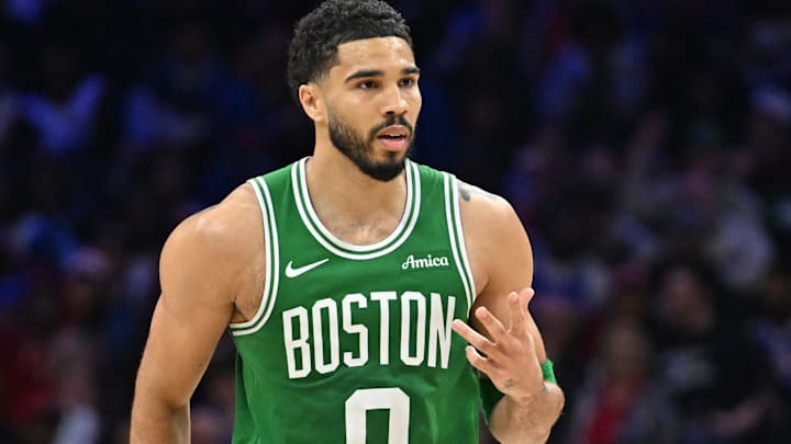 Apr 26, 2026; Philadelphia, Pennsylvania, USA; Boston Celtics forward Jayson Tatum (0) reacts after making a three point basket against the Philadelphia 76ers during the second half at Xfinity Mobile Arena. Mandatory Credit: Eric Hartline-Imagn Images