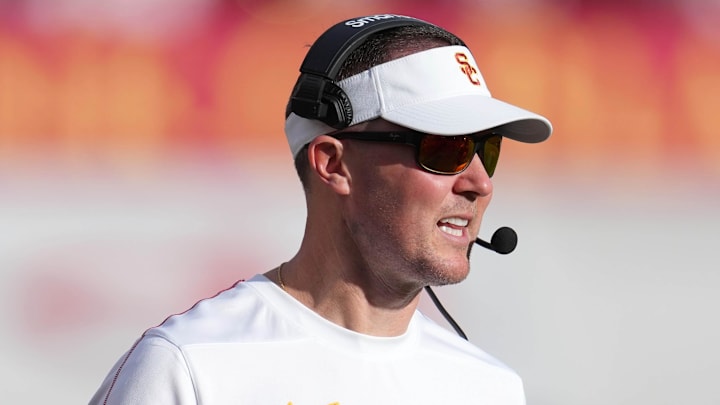 Nov 30, 2024; Los Angeles, California, USA; Southern California Trojans head coach Lincoln Riley reacts against the Notre Dame Fighting Irish in the second half at United Airlines Field at Los Angeles Memorial Coliseum. Mandatory Credit: Kirby Lee-Imagn Images