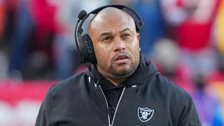 Las Vegas Raiders coach Antonio Pierce stands on the sidelines during a game. Las Vegas Raiders coach Antonio Pierce stands on the sidelines during a game.