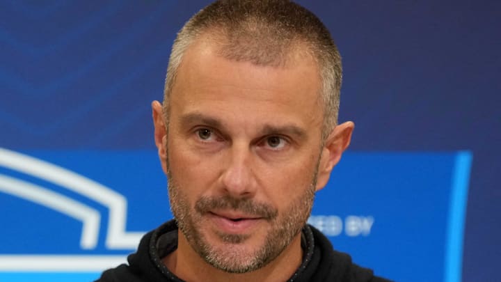 Feb 25, 2025; Indianapolis, IN, USA; Las Vegas Raiders general manager John Spytek speaks during the NFL Scouting Combine at the Indiana Convention Center. Mandatory Credit: Kirby Lee-Imagn Images