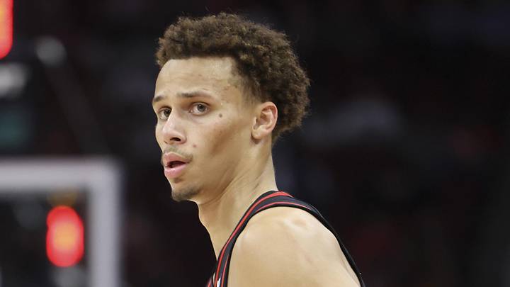 Atlanta Hawks guard Dyson Daniels (5) reacts after scoring a basket during the fourth quarter against the Houston Rockets at Toyota Center on March 25, 2025.