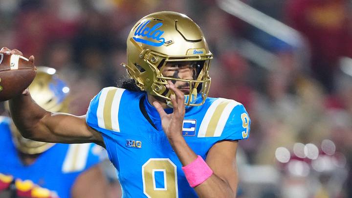 Nov 29, 2025; Los Angeles, California, USA; UCLA Bruins quarterback Nico Iamaleava (9) throws the ball against the Southern California Trojans in the first half at United Airlines Field at Los Angeles Memorial Coliseum. Mandatory Credit: Kirby Lee-Imagn Images Nov 29, 2025; Los Angeles, California, USA; UCLA Bruins quarterback Nico Iamaleava (9) throws the ball against the Southern California Trojans in the first half at United Airlines Field at Los Angeles Memorial Coliseum. Mandatory Credit: Kirby Lee-Imagn Images