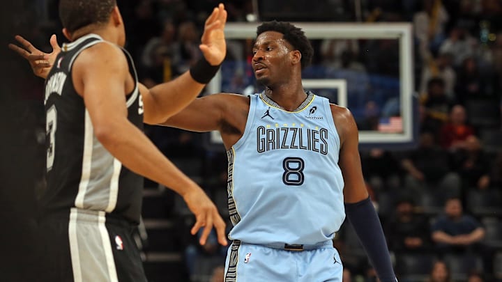 Jan 6, 2026; Memphis, Tennessee, USA; Memphis Grizzlies forward/center Jaren Jackson Jr. (8) reacts during the third quarter against the San Antonio Spurs at FedExForum. Mandatory Credit: Petre Thomas-Imagn Images