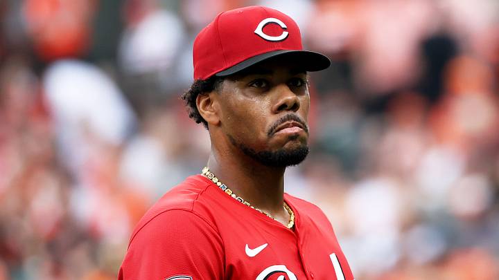 Cincinnati Reds pitcher Hunter Greene (21) looks on
