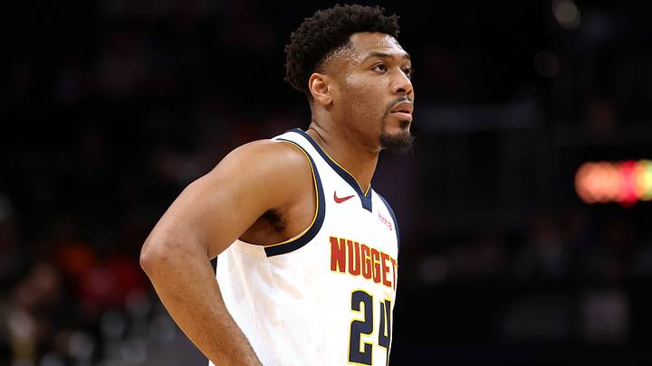 Jan 22, 2026; Washington, District of Columbia, USA; Denver Nuggets guard Jalen Pickett (24) looks on during the second half against the Washington Wizards at Capital One Arena. Jan 22, 2026; Washington, District of Columbia, USA; Denver Nuggets guard Jalen Pickett (24) looks on during the second half against the Washington Wizards at Capital One Arena.