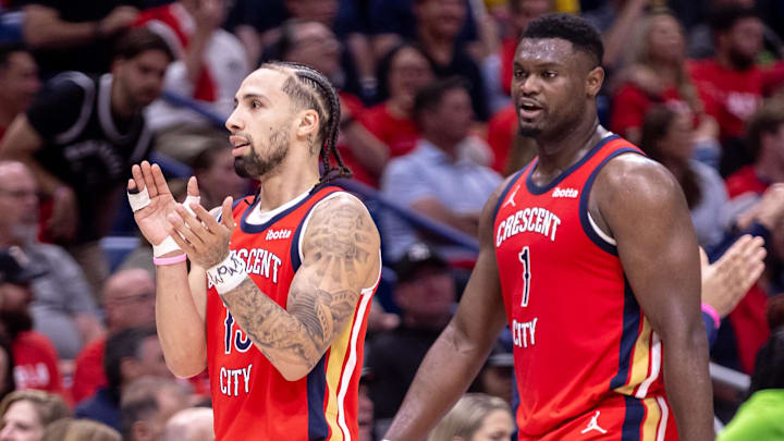Apr 16, 2024; New Orleans, Louisiana, USA; New Orleans Pelicans guard Jose Alvarado (15) and forward Zion Williamson (1) react against the Los Angeles Lakers on a time out during the first half of a play-in game of the 2024 NBA playoffs against the New Orleans Pelicans at Smoothie King Center. Mandatory Credit: Stephen Lew-Imagn Images Apr 16, 2024; New Orleans, Louisiana, USA; New Orleans Pelicans guard Jose Alvarado (15) and forward Zion Williamson (1) react against the Los Angeles Lakers on a time out during the first half of a play-in game of the 2024 NBA playoffs against the New Orleans Pelicans at Smoothie King Center. Mandatory Credit: Stephen Lew-Imagn Images