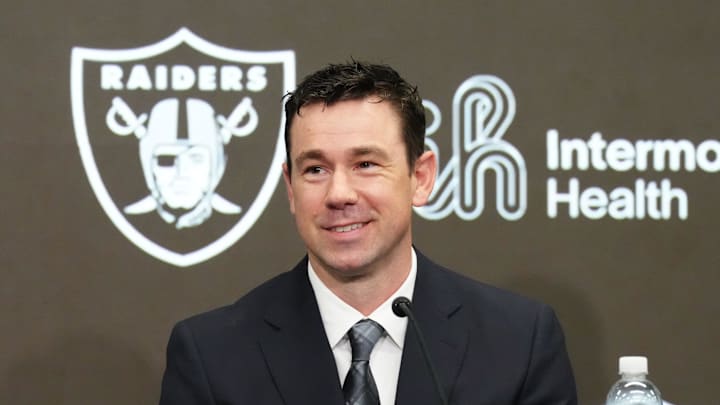 Feb 10, 2026; Henderson, NV, USA; Las Vegas Raiders coach Klint Kubiak speaks at introductory press conference at Intermountain Health Performance Center. Mandatory Credit: Kirby Lee-Imagn Images Feb 10, 2026; Henderson, NV, USA; Las Vegas Raiders coach Klint Kubiak speaks at introductory press conference at Intermountain Health Performance Center. Mandatory Credit: Kirby Lee-Imagn Images