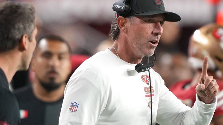 Oct 19, 2025; Santa Clara, California, USA; San Francisco 49ers head coach Kyle Shanahan during the fourth quarter against the Atlanta Falcons at Levi's Stadium. Mandatory Credit: Darren Yamashita-Imagn Images