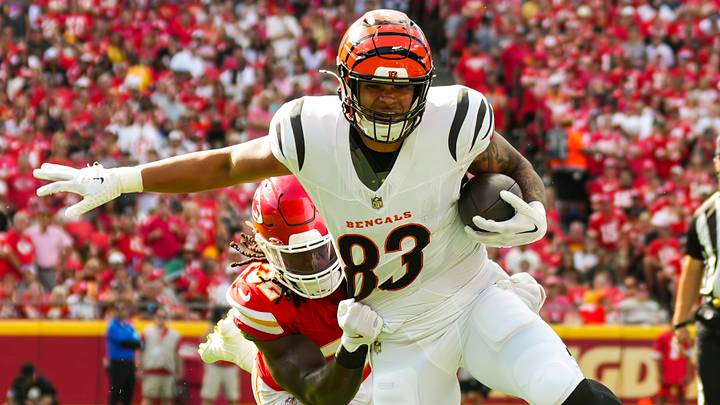 Sep 15, 2024; Kansas City, Missouri, USA; Cincinnati Bengals tight end Erick All Jr. (83) is tackled by Kansas City Chiefs linebacker Nick Bolton (32) during the first half at GEHA Field at Arrowhead Stadium. Mandatory Credit: Jay Biggerstaff-Imagn Images Sep 15, 2024; Kansas City, Missouri, USA; Cincinnati Bengals tight end Erick All Jr. (83) is tackled by Kansas City Chiefs linebacker Nick Bolton (32) during the first half at GEHA Field at Arrowhead Stadium. Mandatory Credit: Jay Biggerstaff-Imagn Images