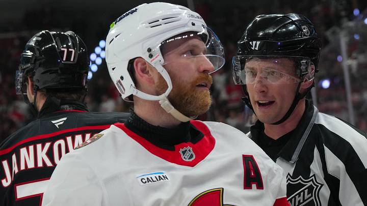 Apr 20, 2026; Raleigh, North Carolina, USA; Ottawa Senators right wing Claude Giroux (28) reacts against the Carolina Hurricanes during the second period in game two of the first round of the 2026 Stanley Cup Playoffs at Lenovo Center. Mandatory Credit: James Guillory-Imagn Images