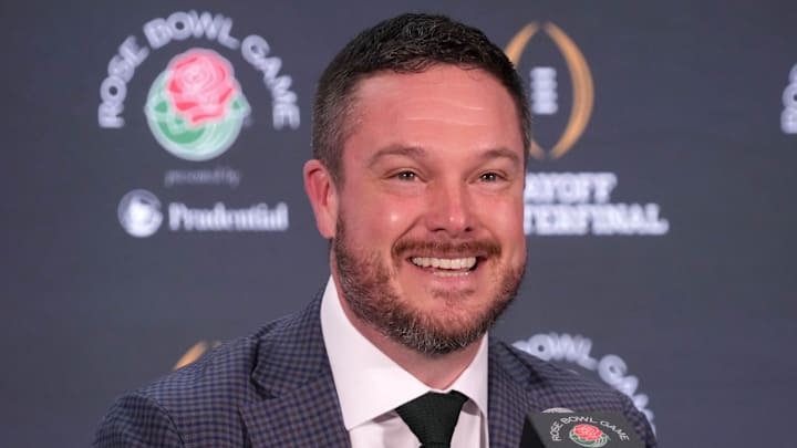 Dec 31, 2024; Los Angeles, California, USA; Oregon Ducks head coach Dan Lanning during the Rose Bowl head coaches press conference at Sheraton Grand LA. Mandatory Credit: Kirby Lee-Imagn Images