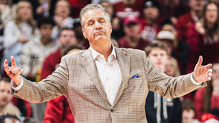 Arkansas coach John Calipari reacts on the sideline against the Florida Gators inside Bud Walton Arena. The Gators won 71-63. 